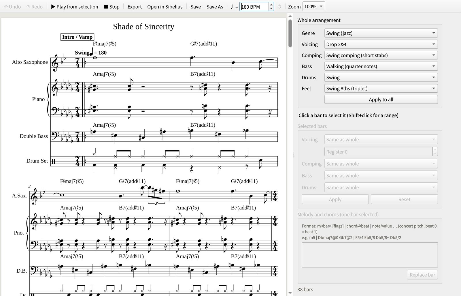 Score editor: the arranged score with whole-arrangement and per-bar settings